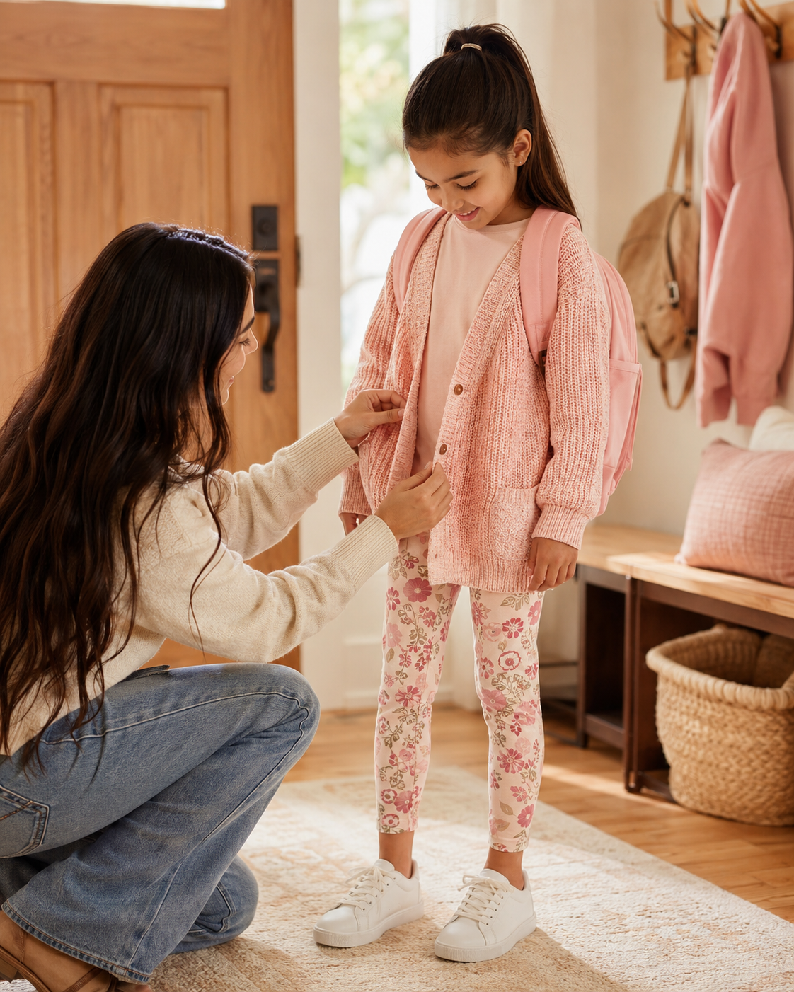 Mother helping her daughter with cozy TiggleFuzz-inspired clothing