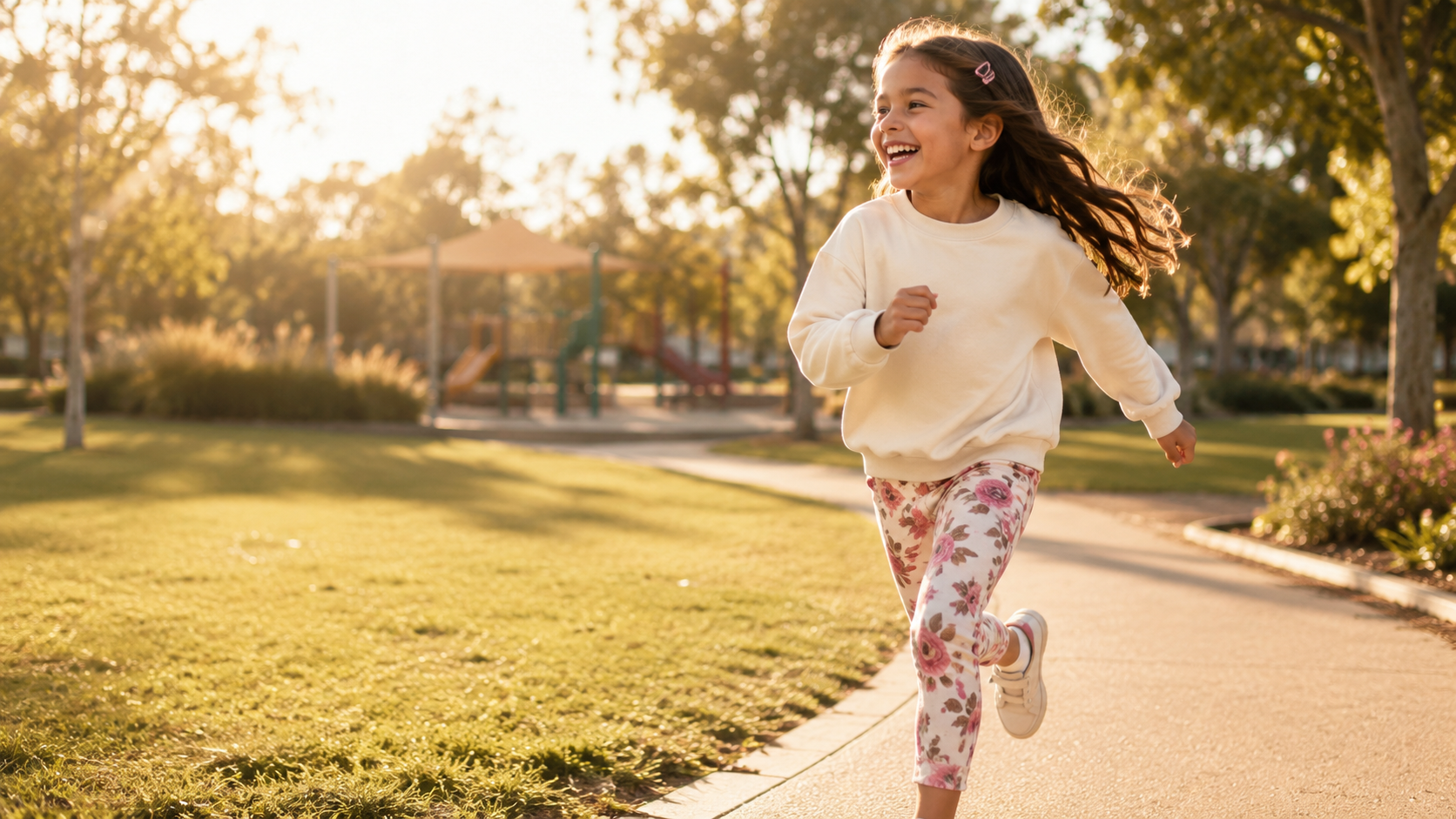 Girl running through a sunny park in cozy TiggleFuzz-inspired girlswear